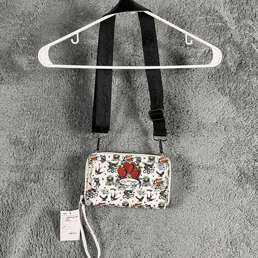 Ed Hardy Crossbody Wallet Bag Women White All Over Tattoo Print Adjustable Strap